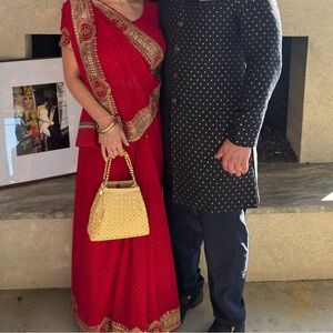 Red Embellished Saree Set with Gold Trim Accents